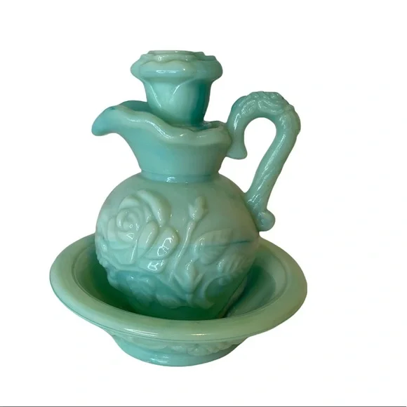 COPY - Vintage 1978 Avon Victoriana Blue & green Jadeite Glass Pitcher Bowl mil… - Picture 2 of 10